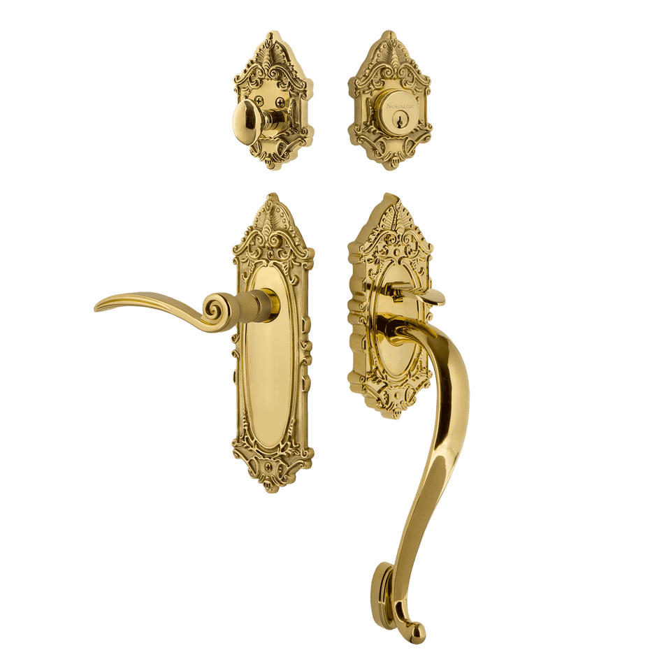 Nostalgic 771519: Entry Lockset w/Victorian Backplate, S-Grip Exterior Handle and Swan Interior Lever - Polished Brass
