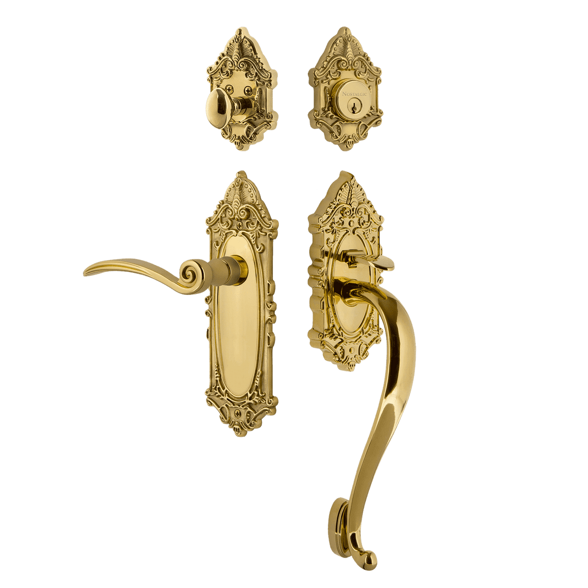 Nostalgic 768570: Entry Lockset w/Victorian Backplate, S-Grip Exterior Handle and Swan Interior Lever - Polished Brass