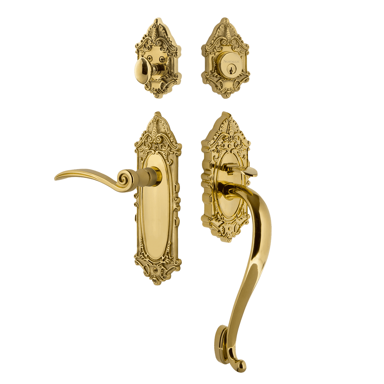 Nostalgic 771514: Entry Lockset w/Victorian Backplate, S-Grip Exterior Handle and Swan Interior Lever - Polished Brass