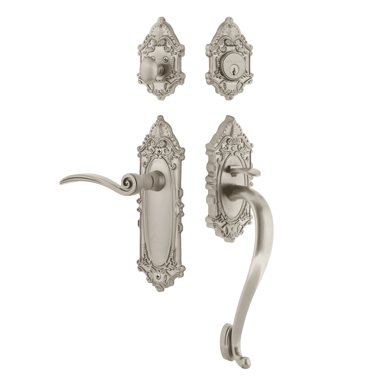Nostalgic 768572: Entry Lockset w/Victorian Backplate, S-Grip Exterior Handle and Swan Interior Lever - Satin Nickel
