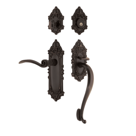Nostalgic 771512: Entry Lockset w/Victorian Backplate, S-Grip Exterior Handle and Swan Interior Lever - Timeless Bronze