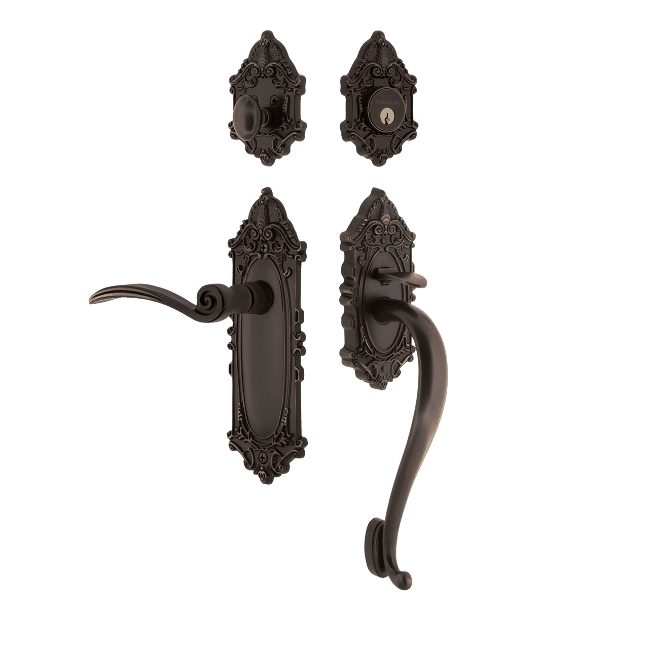 Nostalgic 771522: Entry Lockset w/Victorian Backplate, S-Grip Exterior Handle and Swan Interior Lever - Timeless Bronze
