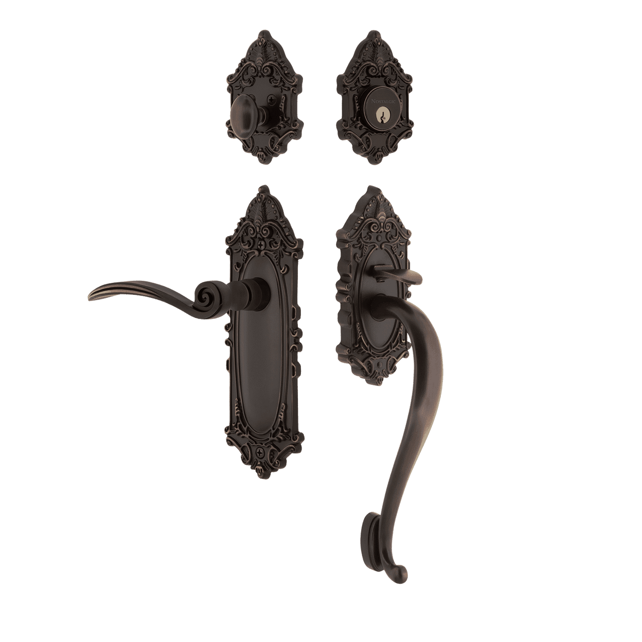 Nostalgic 768573: Entry Lockset w/Victorian Backplate, S-Grip Exterior Handle and Swan Interior Lever - Timeless Bronze