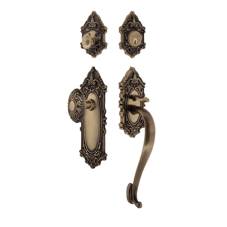 Nostalgic 727691: Entry Lockset w/Victorian Backplate, S-Grip Exterior Handle and Victorian Knob - Antique Brass