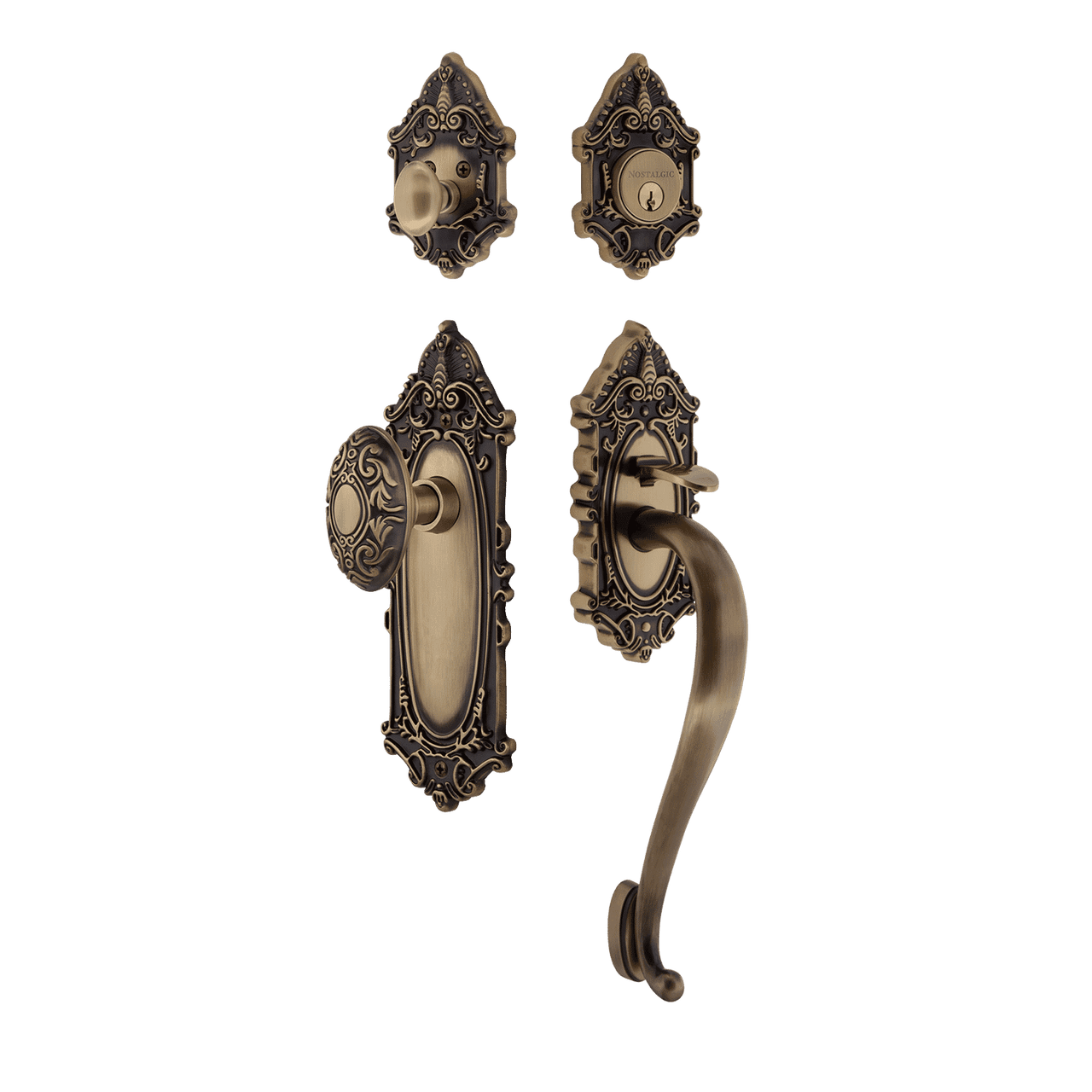 Nostalgic 719419: Entry Lockset w/Victorian Backplate, S-Grip Exterior Handle and Victorian Knob - Antique Brass