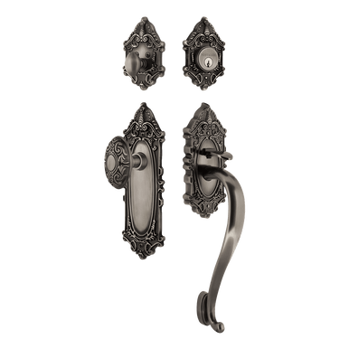 Nostalgic 727565: Entry Lockset w/Victorian Backplate, S-Grip Exterior Handle and Victorian Knob - Antique Pewter