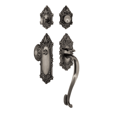 Nostalgic 727687: Entry Lockset w/Victorian Backplate, S-Grip Exterior Handle and Victorian Knob - Antique Pewter