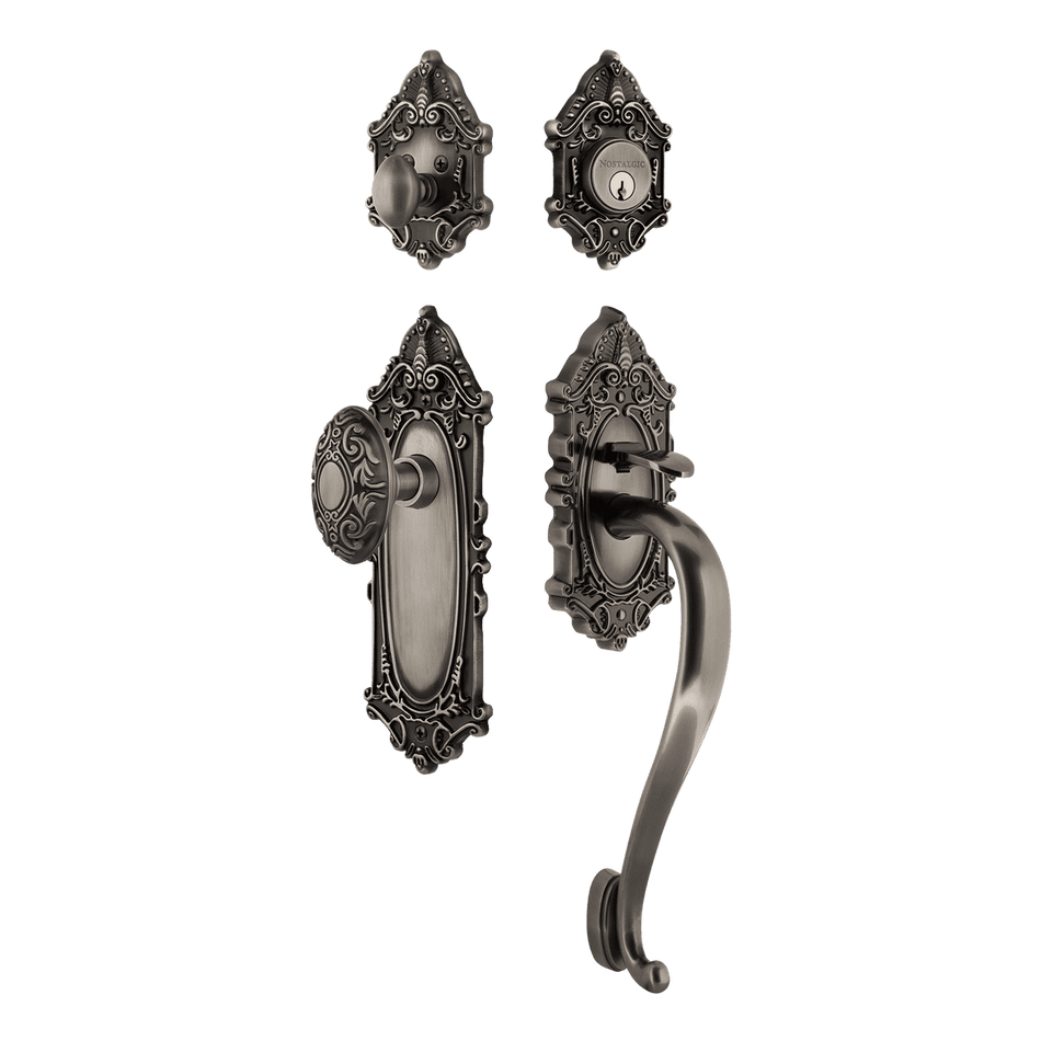 Nostalgic 733411: Entry Lockset w/Victorian Backplate, S-Grip Exterior Handle and Victorian Knob - Antique Pewter