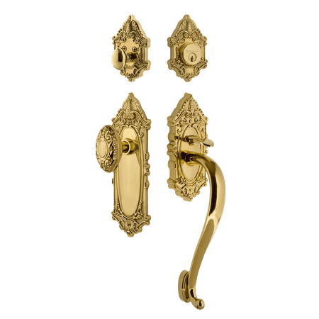 Nostalgic 727558: Entry Lockset w/Victorian Backplate, S-Grip Exterior Handle and Victorian Knob - Polished Brass