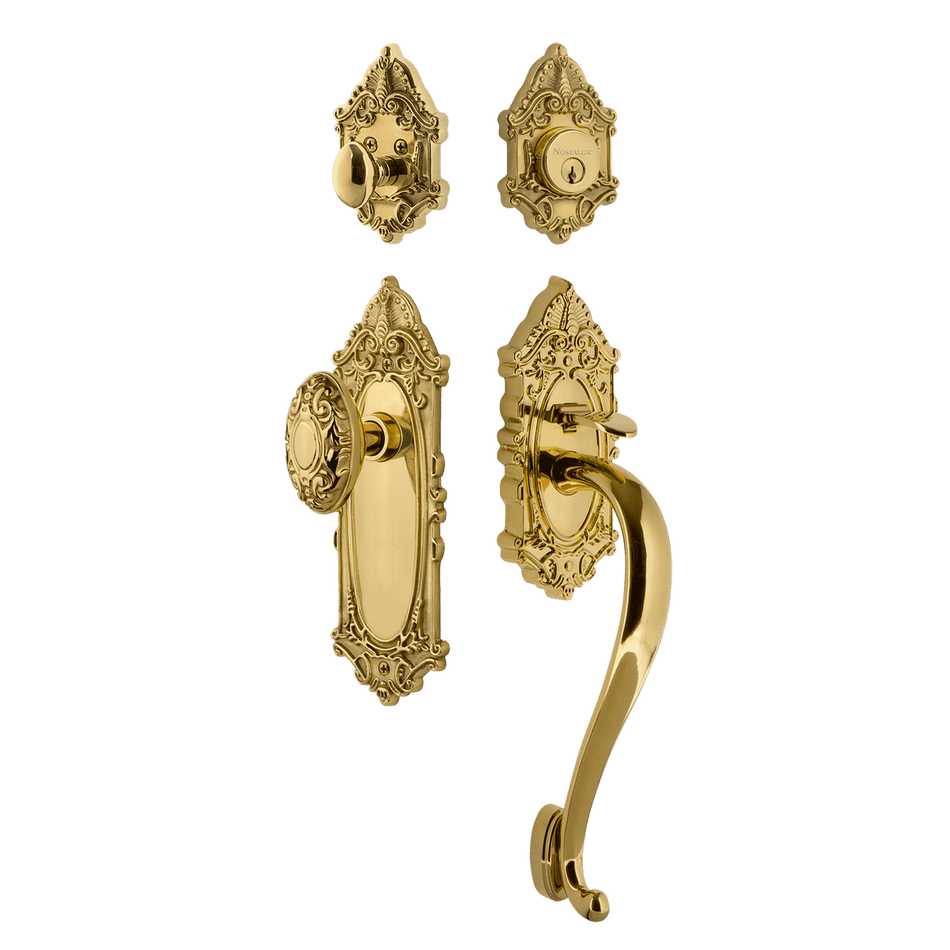 Nostalgic 727558: Entry Lockset w/Victorian Backplate, S-Grip Exterior Handle and Victorian Knob - Polished Brass