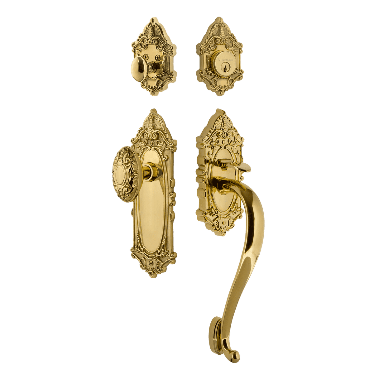 Nostalgic 727858: Entry Lockset w/Victorian Backplate, S-Grip Exterior Handle and Victorian Knob - Polished Brass