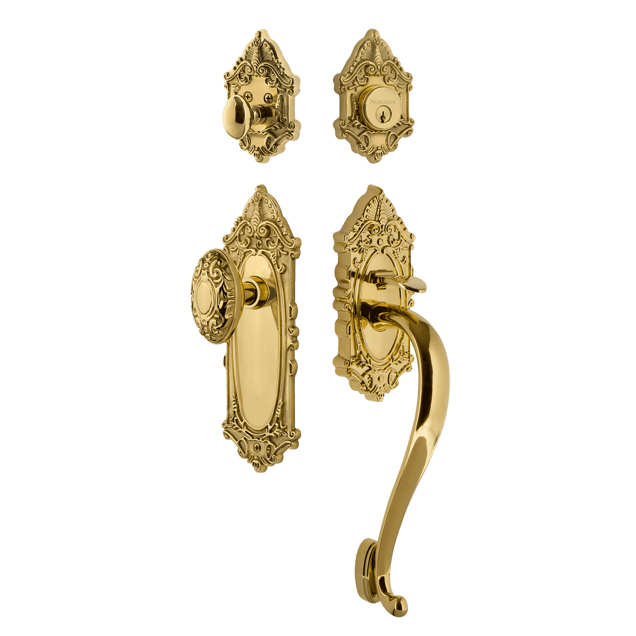 Nostalgic 727858: Entry Lockset w/Victorian Backplate, S-Grip Exterior Handle and Victorian Knob - Polished Brass