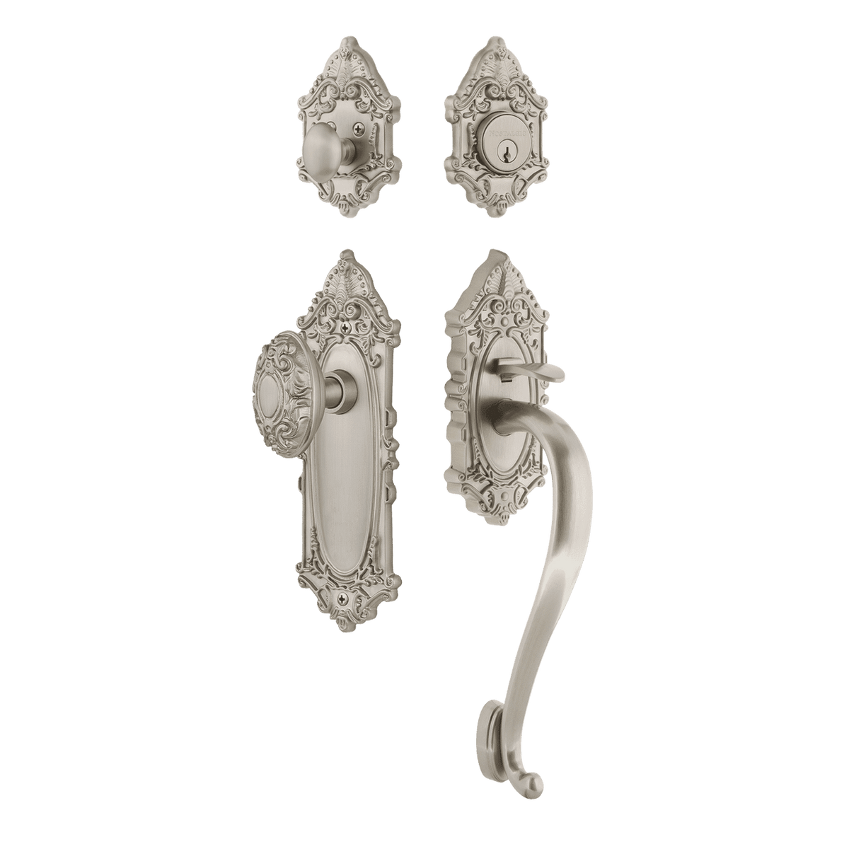 Nostalgic 727635: Entry Lockset w/Victorian Backplate, S-Grip Exterior Handle and Victorian Knob - Satin Nickel