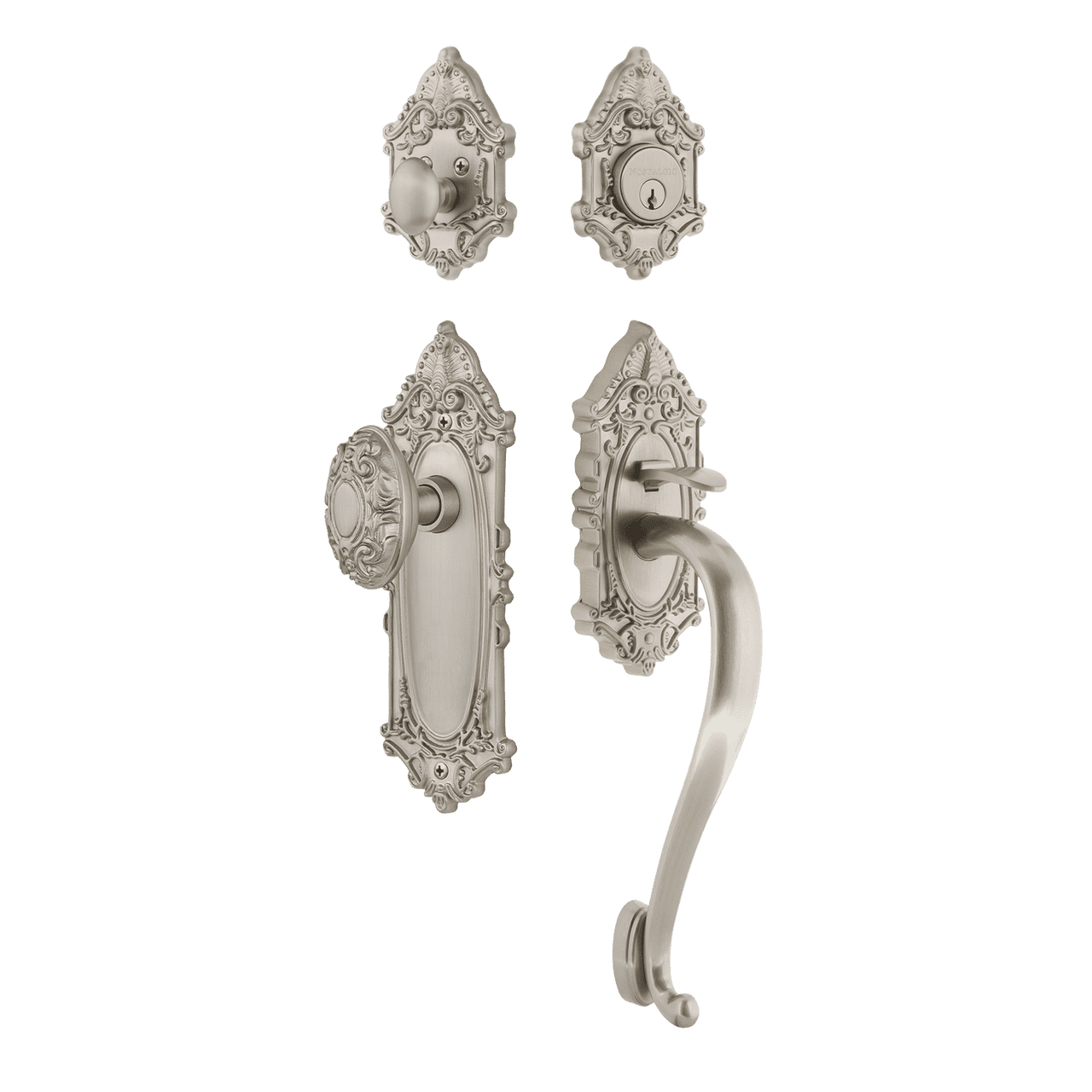 Nostalgic 727635: Entry Lockset w/Victorian Backplate, S-Grip Exterior Handle and Victorian Knob - Satin Nickel