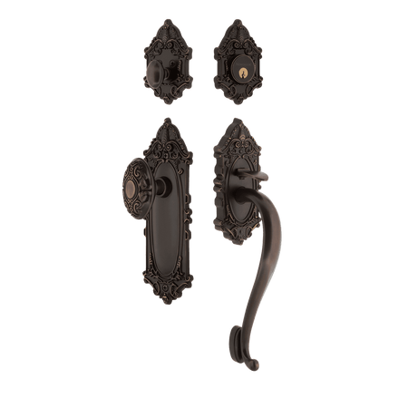 Nostalgic 708256: Entry Lockset w/Victorian Backplate, S-Grip Exterior Handle and Victorian Knob - Timeless Bronze