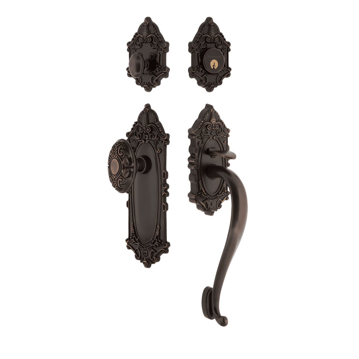 Nostalgic 727723: Entry Lockset w/Victorian Backplate, S-Grip Exterior Handle and Victorian Knob - Timeless Bronze