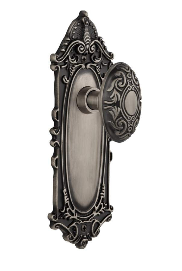 Nostalgic 704098: Victorian Backplate w/Victorian Knob Passage Door Set - Antique Pewter
