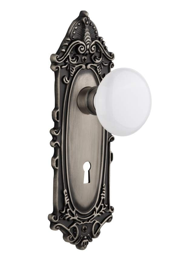 Nostalgic 704887: Mortise Victorian Plate w/ White Porcelain Knob - Antique Pewter