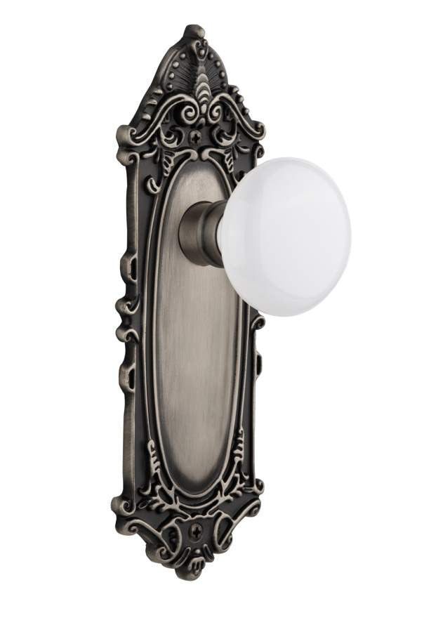Nostalgic 704130: Victorian Backplate w/White Porcelain Knob Passage Door Set - Antique Pewter