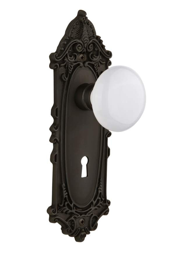 Nostalgic 704143: Victorian Backplate w/White Porcelain Knob Single Dummy Door Set - Oil-Rubbed Bronze