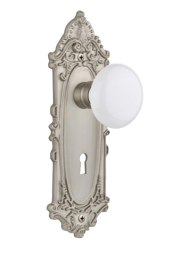 Nostalgic 702044: Victorian Backplate w/White Porcelain Knob Single Dummy Door Set - Satin Nickel