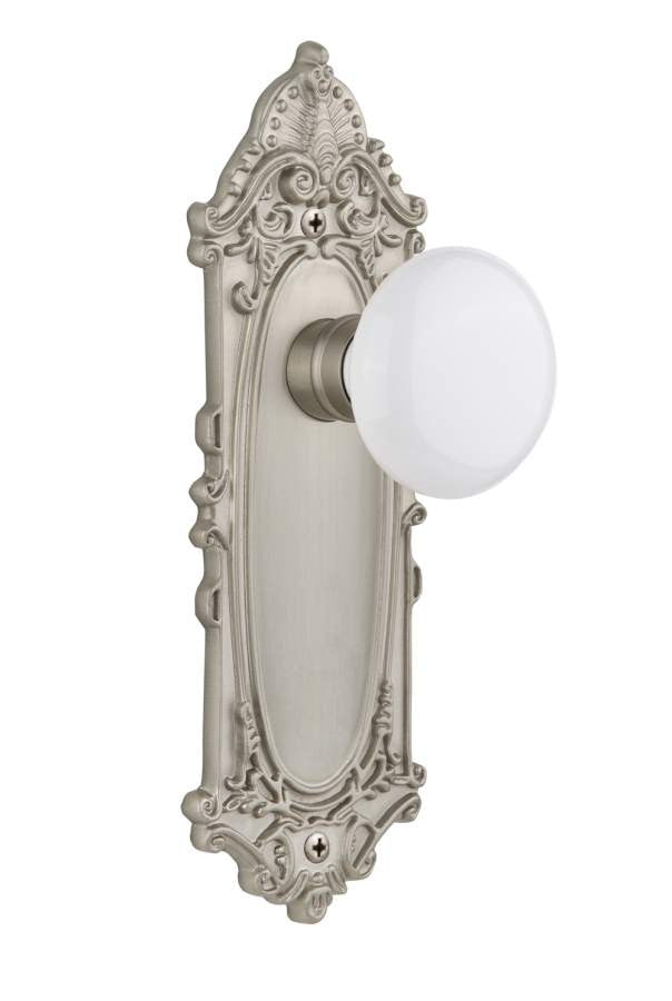 Nostalgic 702076: Victorian Backplate w/White Porcelain Knob Passage Door Set - Satin Nickel