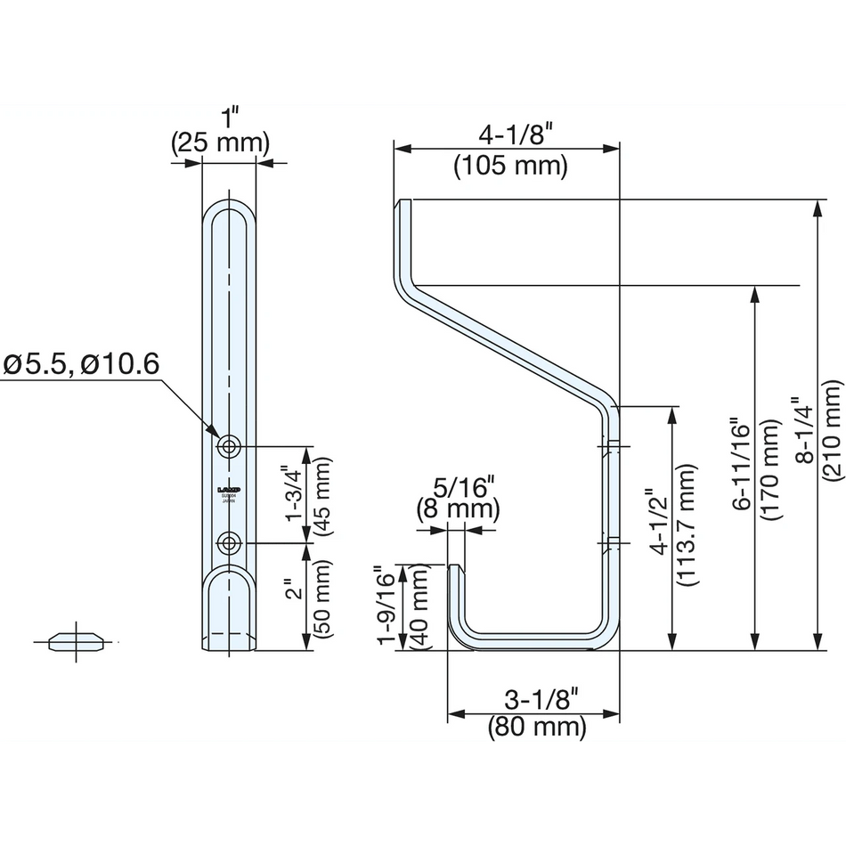 Sugatsune XL-SB210/M: 210mm Double Utility Hook - Mirror Stainless Steel
