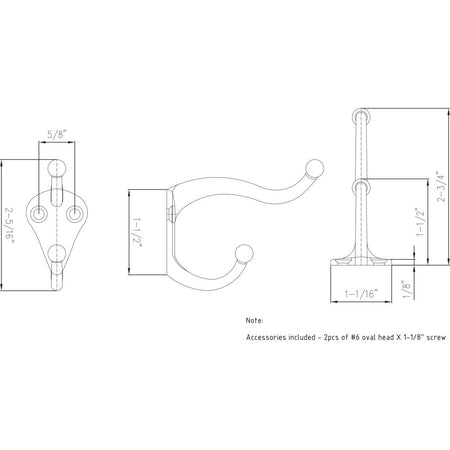 Elements YD10-231PC:  2-5/16" Double Wall Hook - Polished Chrome