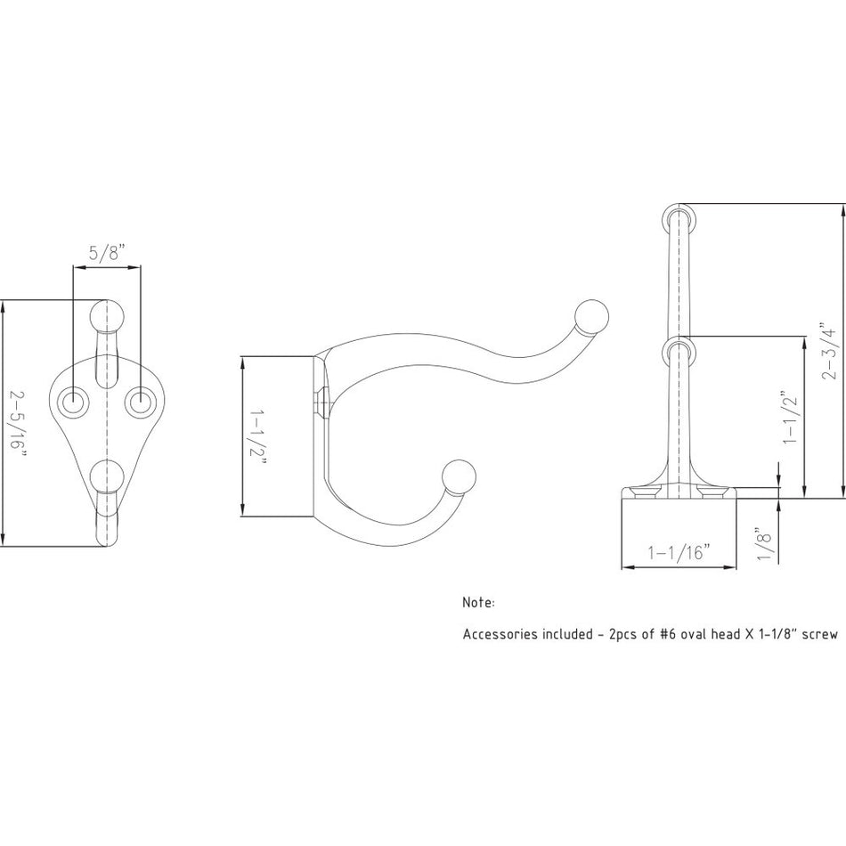 Elements YD10-231PC:  2-5/16" Double Wall Hook - Polished Chrome
