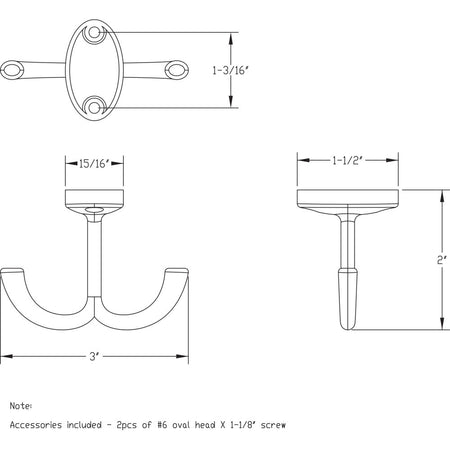 Elements YD20-156DBAC:  2" Double Undermount Undermount Hook - Brushed Oil Rubbed Bronze