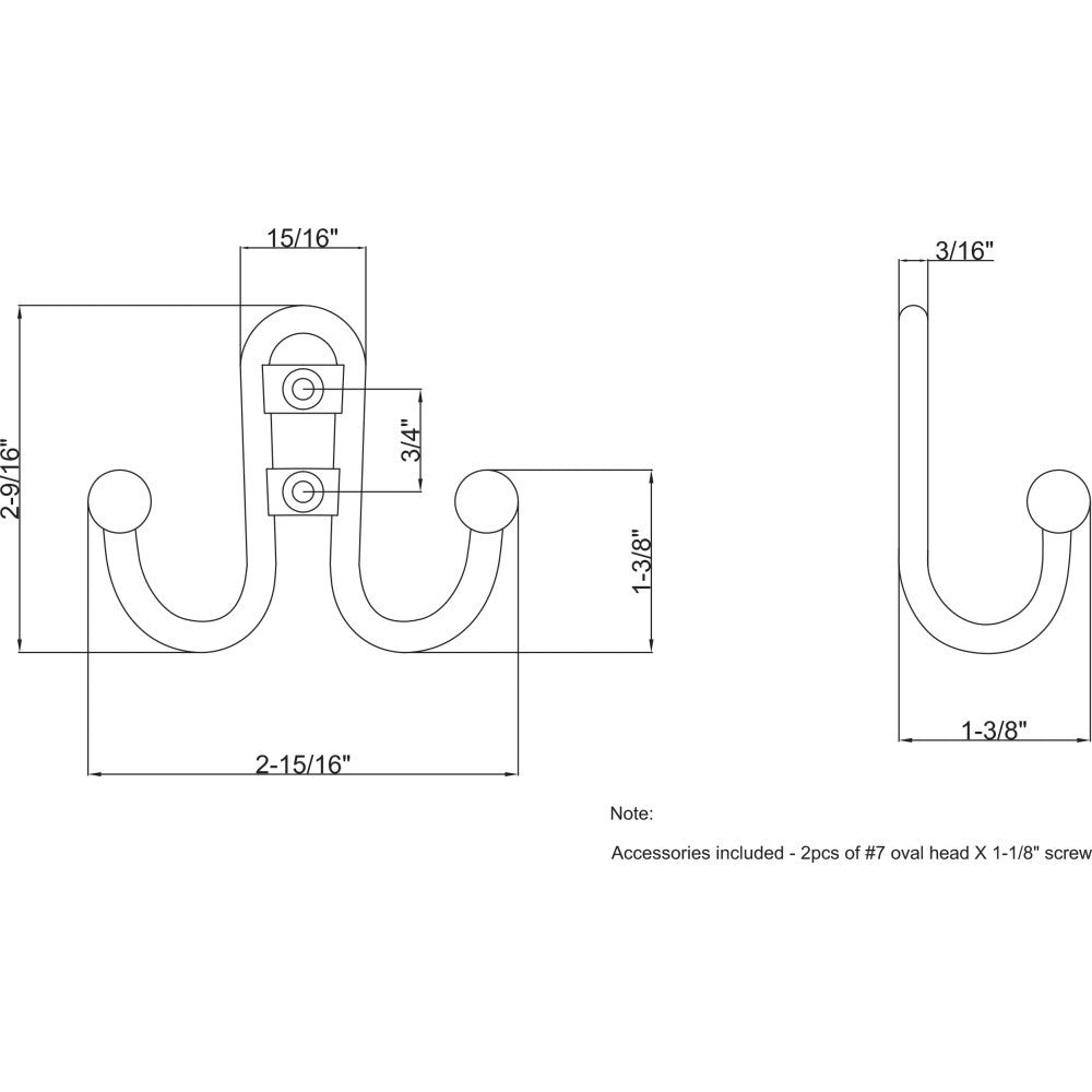 Elements YD25-256SN:  2-9/16" Double Horizontal Wall Hook - Satin Nickel