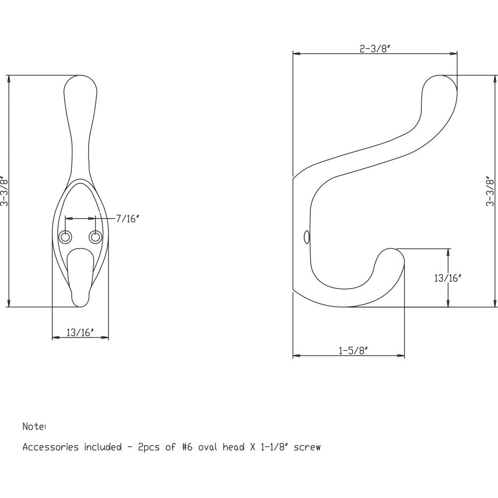 Elements YD40-337PC:  3-3/8" Double Wall Hook - Polished Chrome