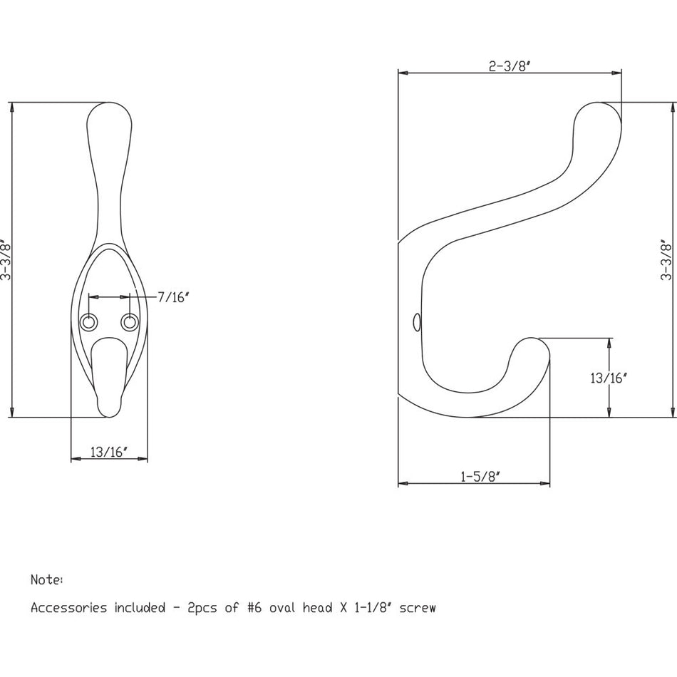 Elements YD40-337PC:  3-3/8" Double Wall Hook - Polished Chrome