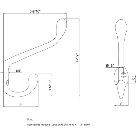 Elements YD40-450DBAC:  4-1/2" Double Wall Hook - Brushed Oil Rubbed Bronze