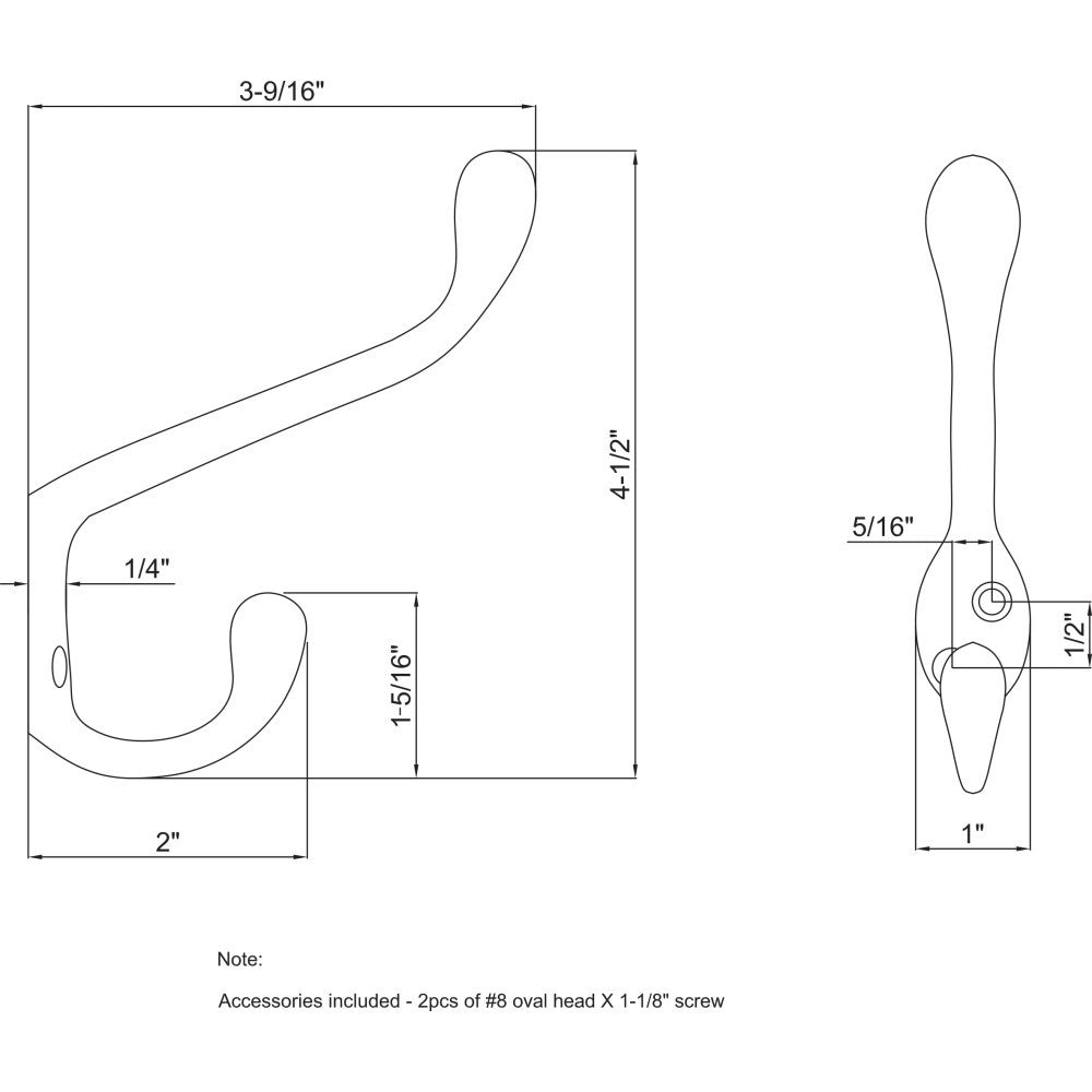 Elements YD40-450SN:  4-1/2" Double Wall Hook - Satin Nickel