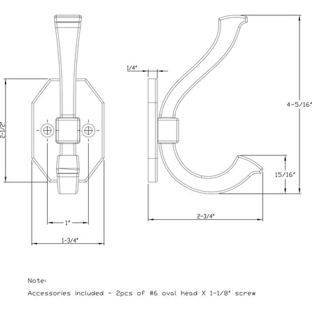 Elements YD45-431SN:  4-5/16" Double Wall Hook - Satin Nickel