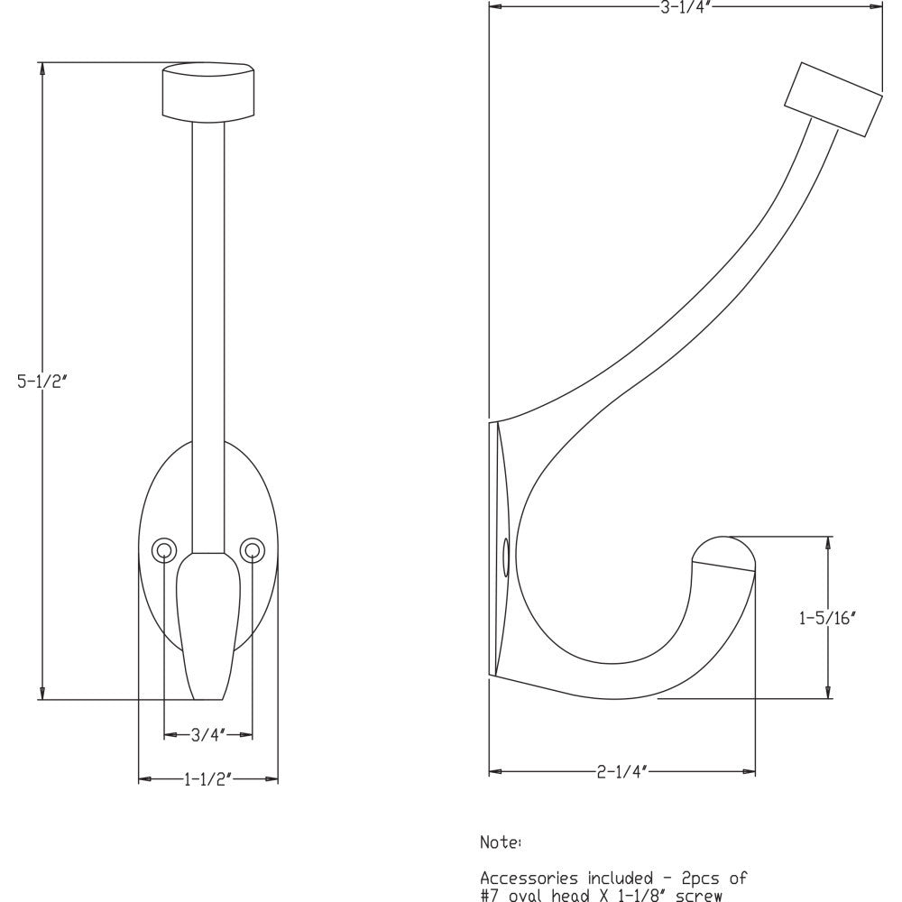 Elements YD60-550DBAC:  5-1/2" Double Wall Hook - Brushed Oil Rubbed Bronze