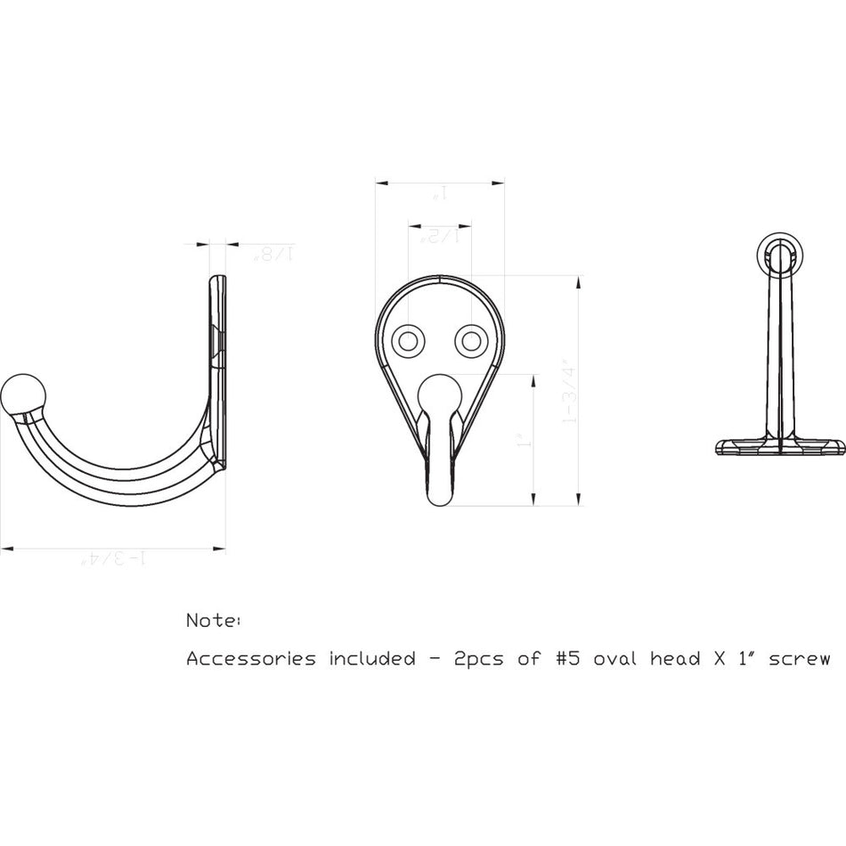 Elements YS05-175PC:  1-3/4" Single Wall Hook - Polished Chrome