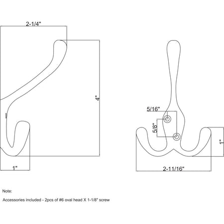Elements YT40-400PC:  4" Triple Wall Hook - Polished Chrome