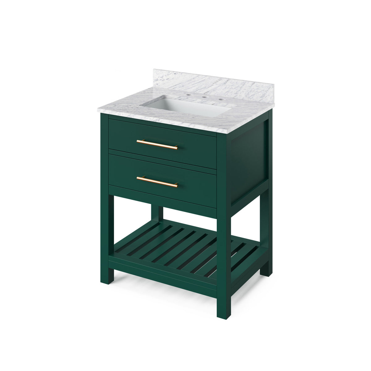 Jeffrey Alexander 30" Wavecrest Single Bowl Vanity - Green Cabinet with White Carrara Marble Top