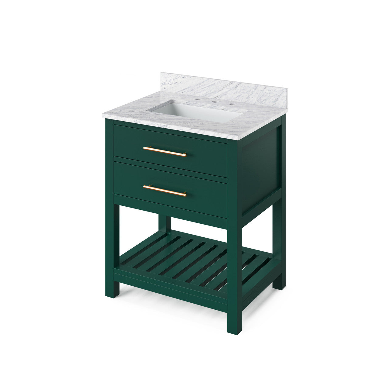 Jeffrey Alexander 30" Wavecrest Single Bowl Vanity - Green Cabinet with White Carrara Marble Top