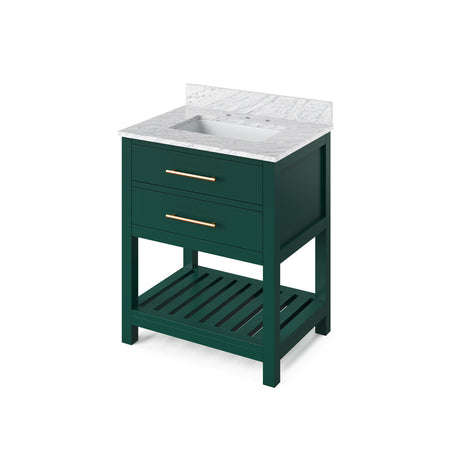 Jeffrey Alexander 30" Wavecrest Single Bowl Vanity - Green Cabinet with White Carrara Marble Top