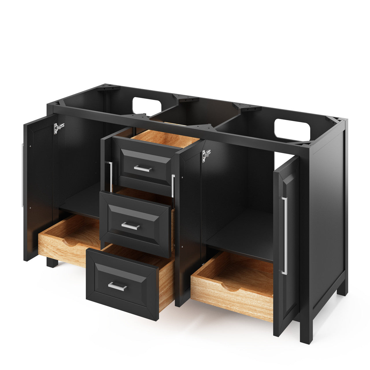 Cabinet showing open doors and/or drawers.