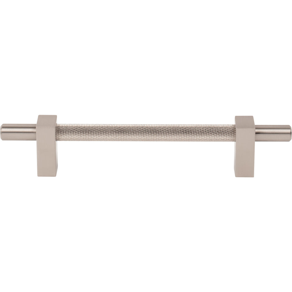 Jeffrey Alexander 598-128SN: 128mm cc Larkin Knurled Center Bar Cabinet Pull - Satin Nickel