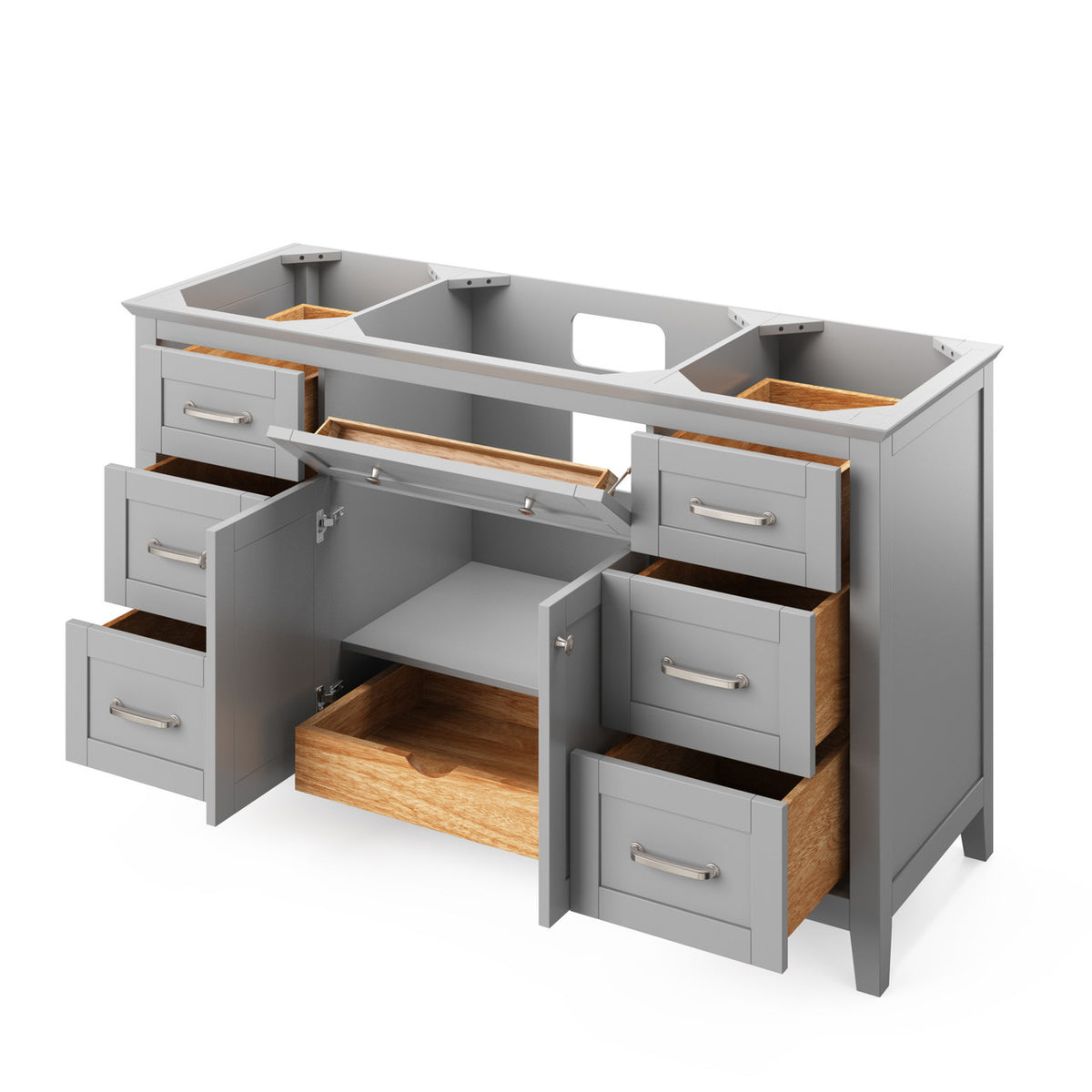 Cabinet showing open doors and/or drawers.