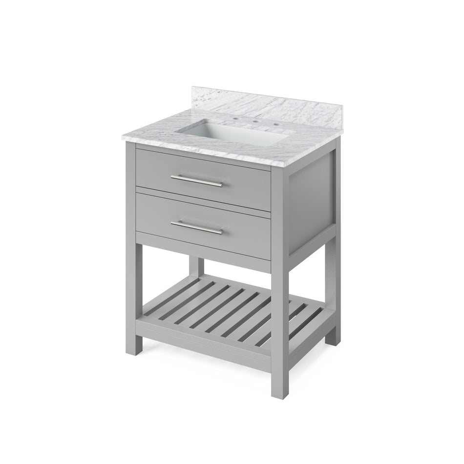 Jeffrey Alexander 30" Wavecrest Single Bowl Vanity - Grey Cabinet with White Carrara Marble Top