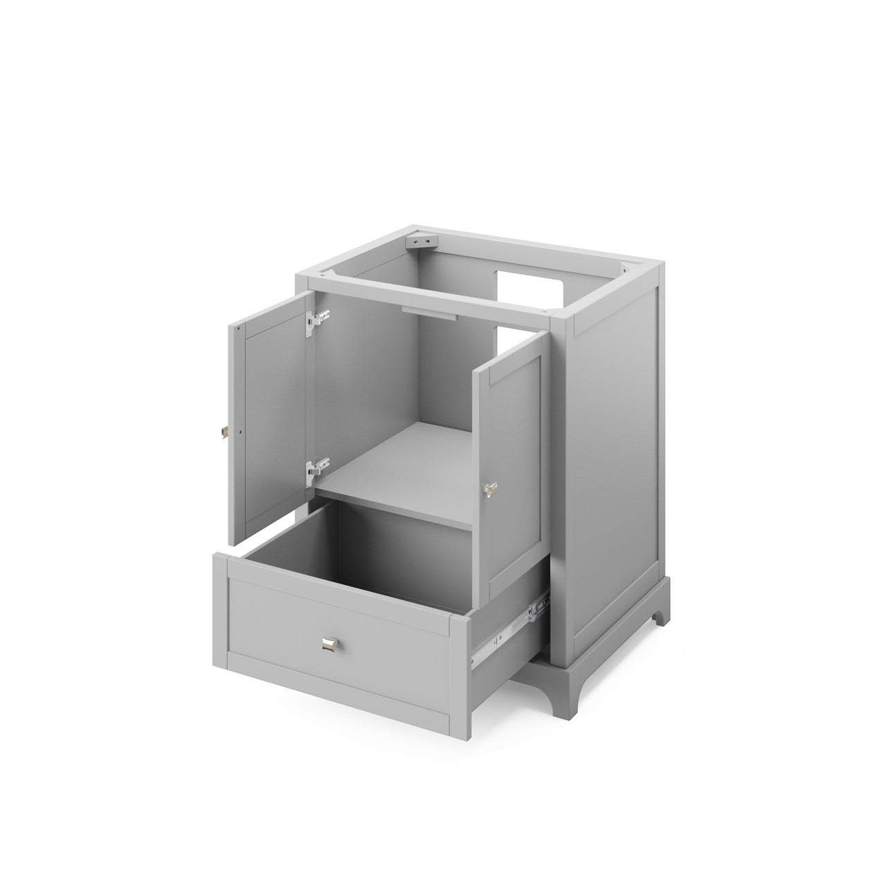 Cabinet showing open doors and/or drawers.