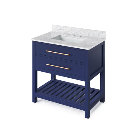 Jeffrey Alexander 36" Wavecrest Single Bowl Vanity - Hale Blue Cabinet with White Carrara Marble Top