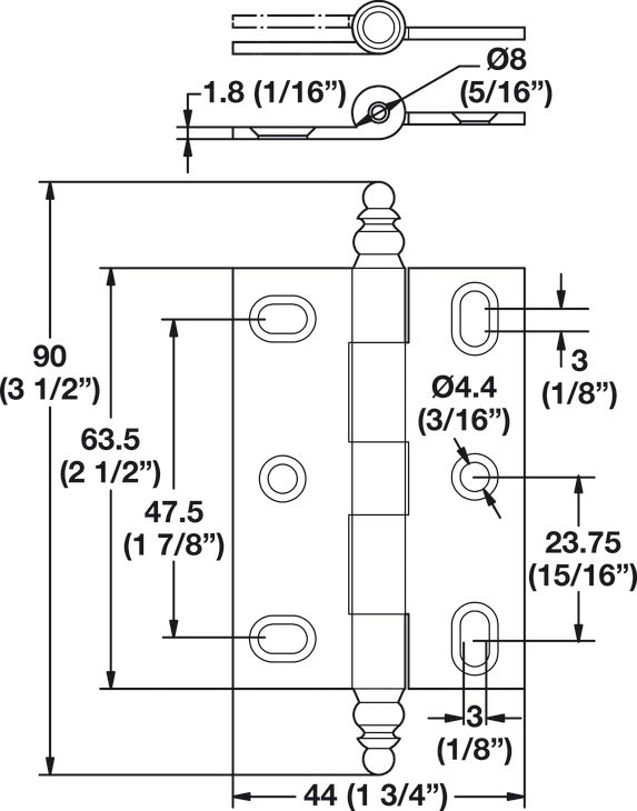 Hafele 354.36.500: Mortise Butt Cabinet Hinge w/Minaret Finial - Brushed Brass