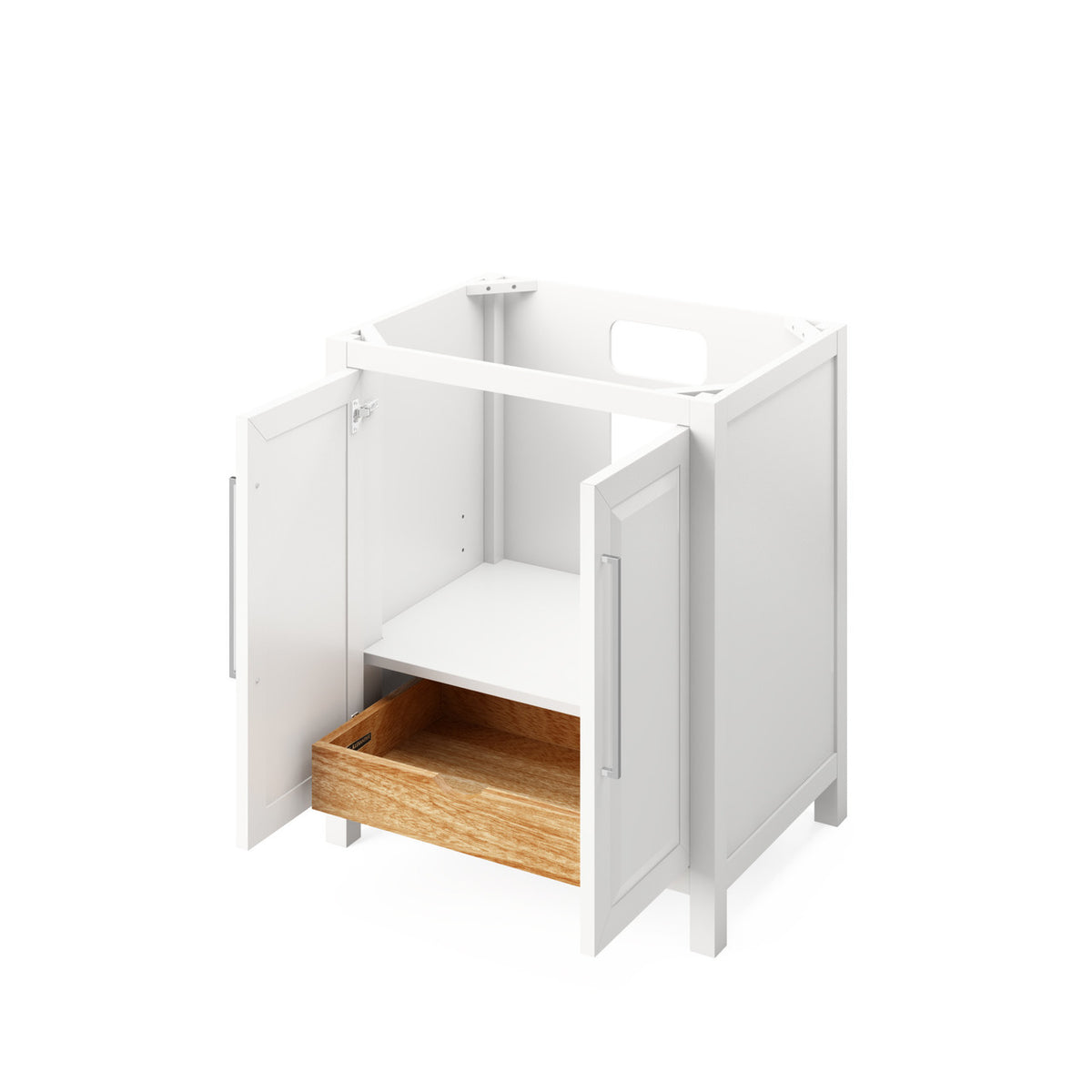 Cabinet showing open doors and/or drawers.